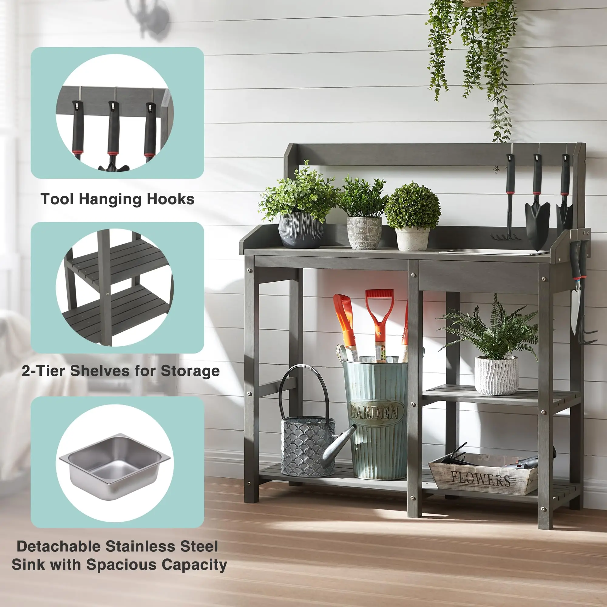 Outdoor Potting Bench Table with Sink for Outside Garden, Gray