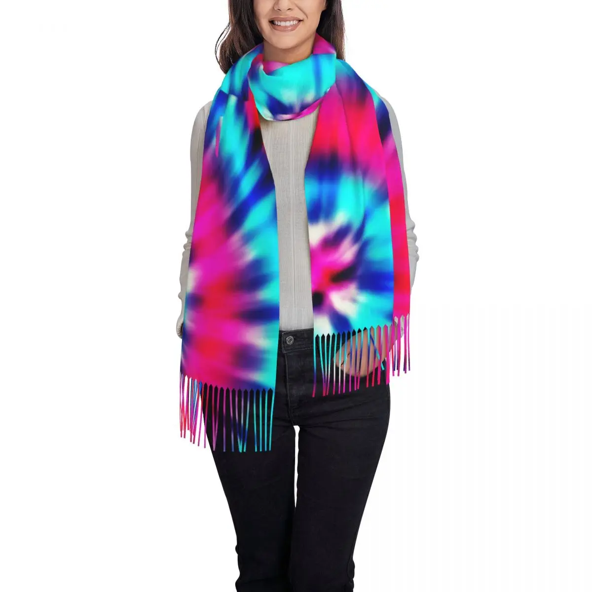 Psychedelic Tie Dye Scarf Color Swirl Warm Shawls and Wraps withTassel Ladies Popular Headwear Scarves Winter New Design Bufanda