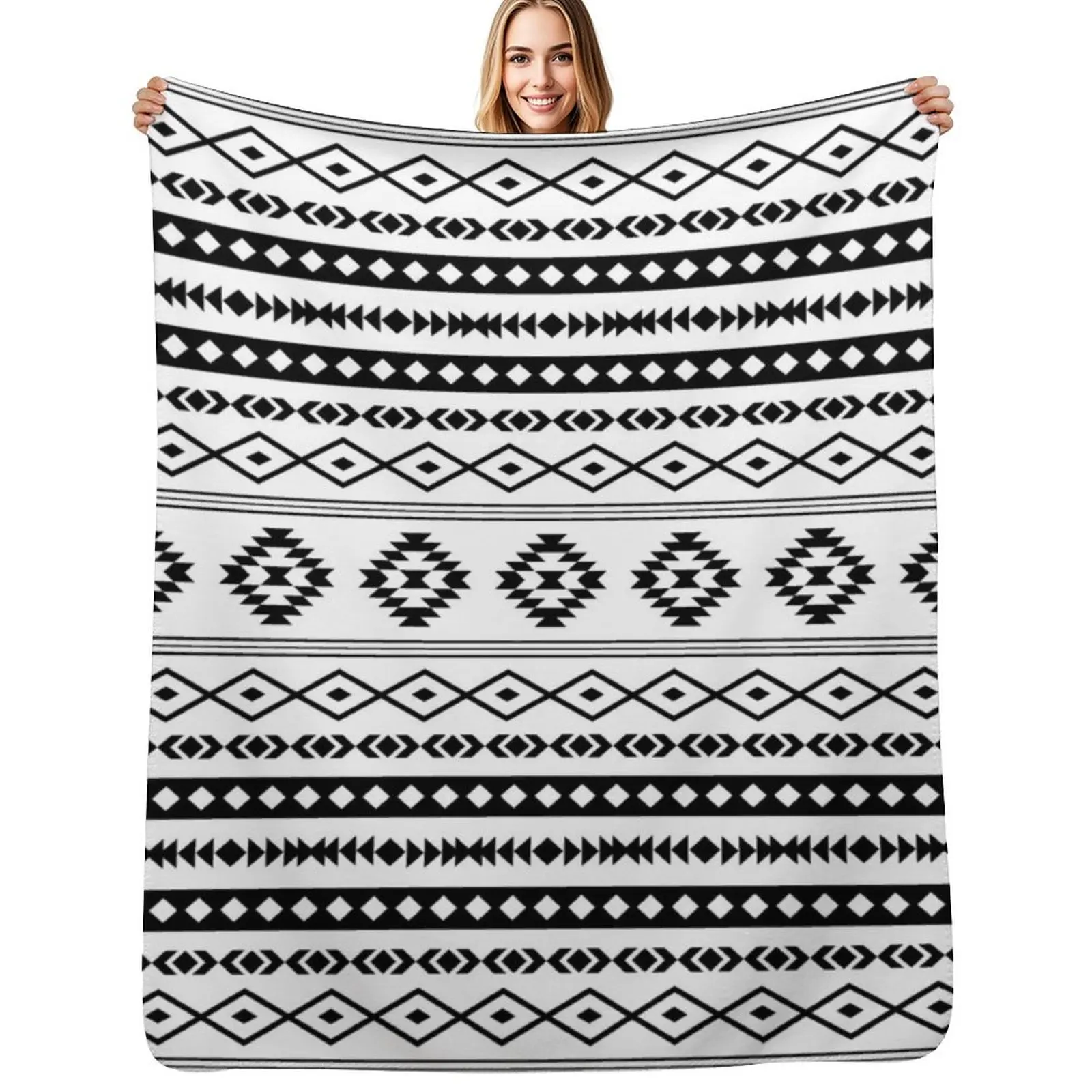 Aztec Black on White Mixed Motifs Pattern Throw Blanket Durable Warm Blanket for Daily Home Use