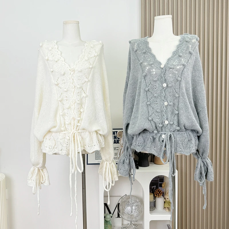 

Вязаный кардиган с вырезом, женский свободный повседневный ленивый ветер с v-образным вырезом, сладкий нежный свитер, шикарная мешковатая женская верхняя одежда с длинными рукавами на шнуровке