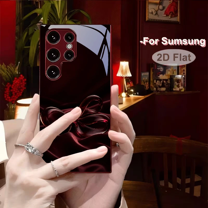 Velvet Pleated Sole Electroplated Wine Red Glass Phone Case For Samsung Galaxy S26 S25 Edge S24 S23 Ultra Plus FE S22 S21+ Cover