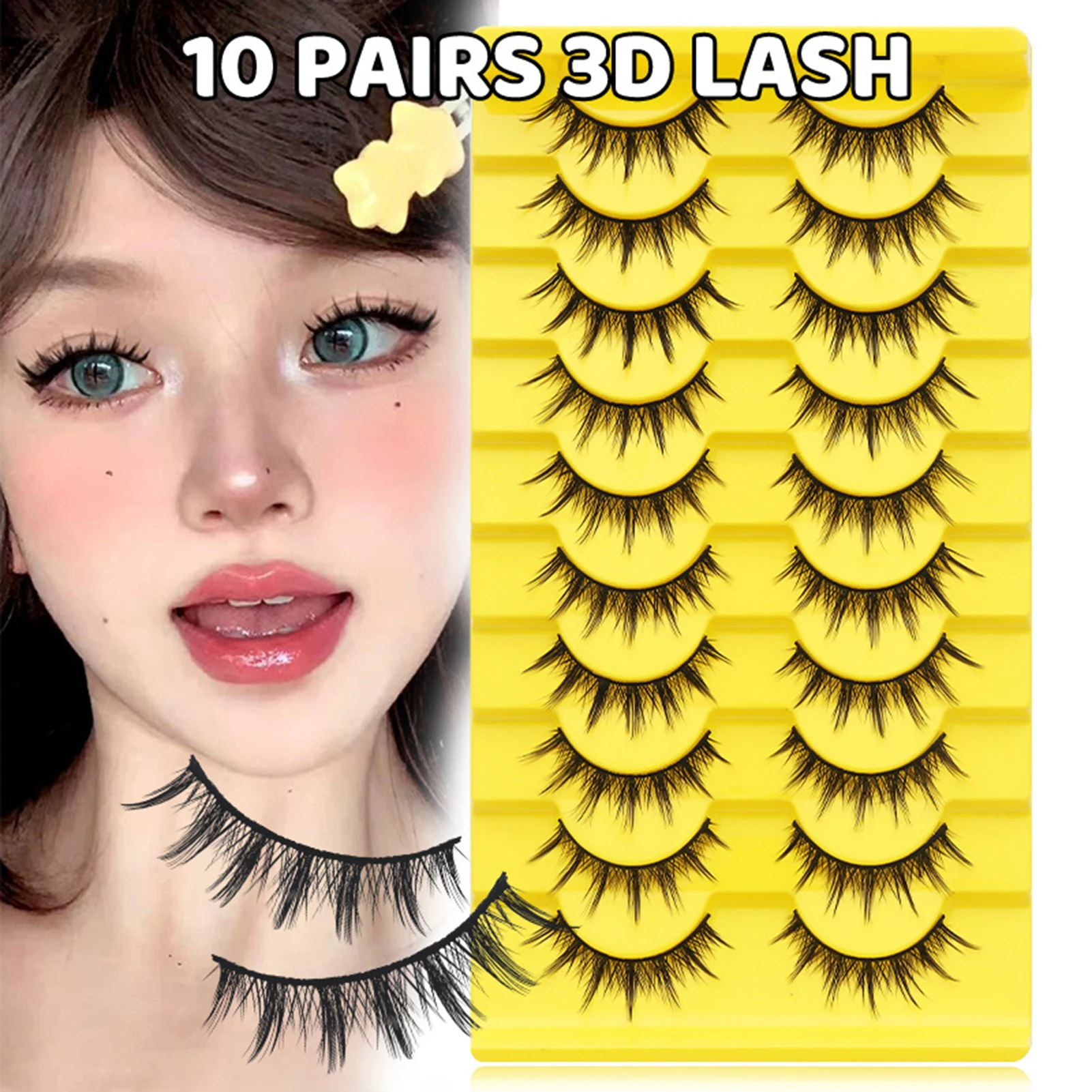 10 pares de cílios postiços graduados amarelos, tiras completas, 8-16mm, misturados, cachos c, fibra preta, leve, maquiagem cosplay
