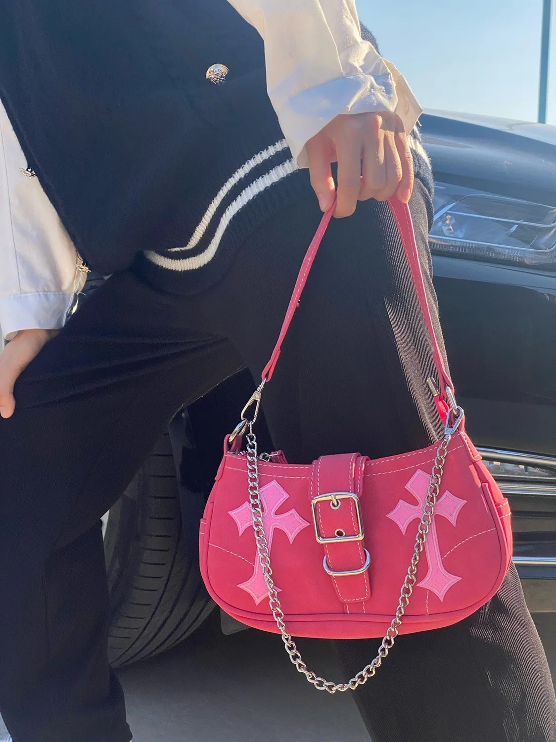 Y2K 스위트 쿨 여성 겨드랑이 핸드백, 핫 걸 핑크 숄더백, 메신저 백, 레트로 디자인, 여성 체인 지갑, 겨드랑이 핸드백
