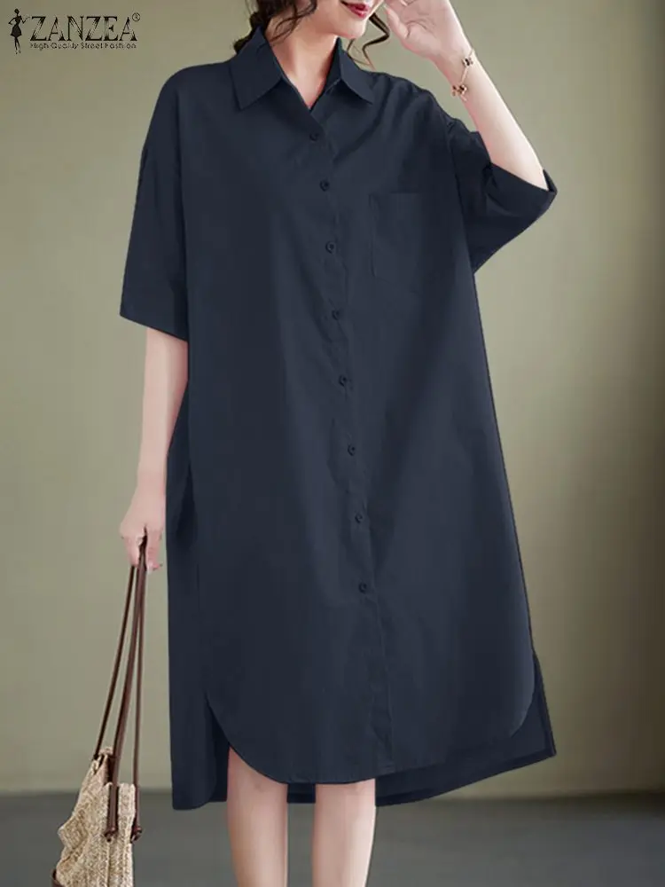 

Oversize Women Loose Shirtdress ZANZEA Fashion Summer Lapel Neck 3/4 Sleeve Sundress Solid OL Work Vestidos Button Up Robe Femme