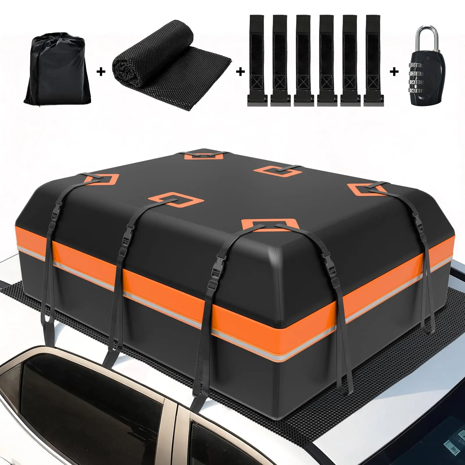 Borsa da tetto per auto, capacità 21 metri cubi/595 litri, box da tetto impermeabile con tappetino antiscivolo, 6 cinghie resistenti e borsa per il trasporto, impermeabile e resistente ai raggi UV,