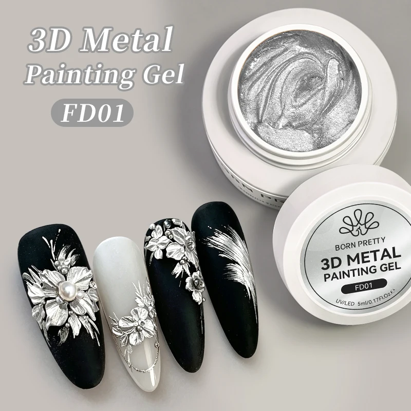 BORN PRETTY 5ml Gold Silber 3D Metall Nagelgel-Lack, Schnitzgel mit Gips-Textur, Geprägtes Nagelgel für DIY Maniküre-Kunst