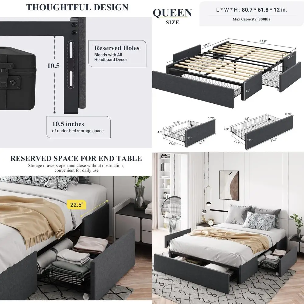 

Кровать-платформа размера Queen с тканевой обивкой, 3 ящиками, деревянными ламелями, без пружинного блока, бесшумная, простая сборка, серая