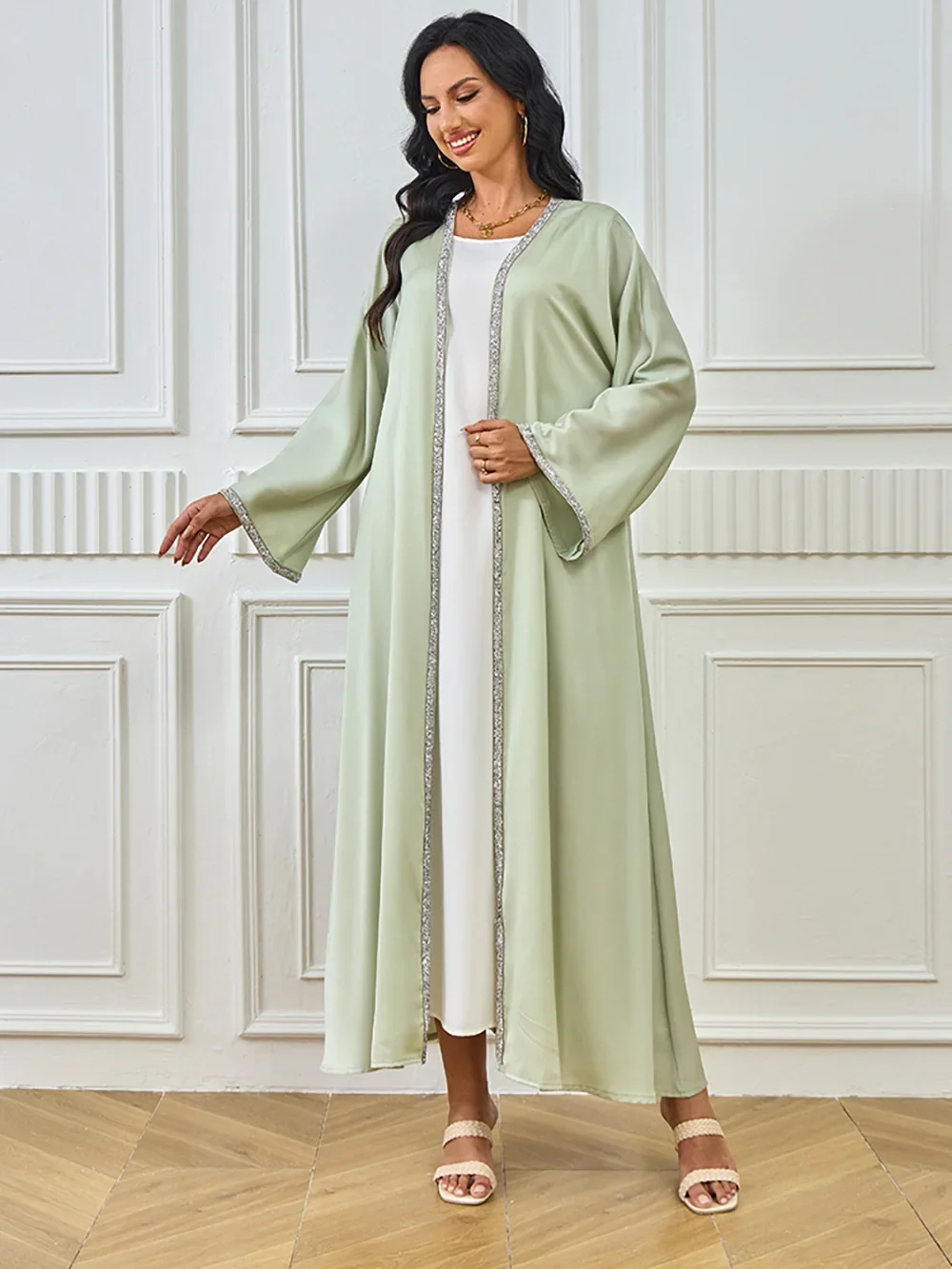 سترة عيد للنساء عباية ماسية من الساتان الإسلامي المغرب قفطان فساتين حفلات رمضان عبايات عربية طويلة رداء فستان مفتوح جلابية