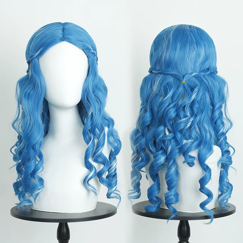 Anime-Perücke, weiße Königin, Alice, Cosplay-Perücke, langes lockiges Haar mit blauem und weißem Farbverlauf