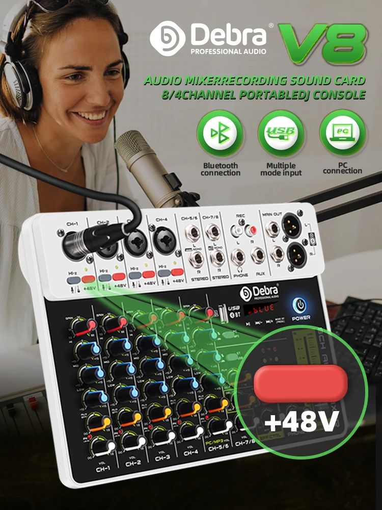 Konsola miksująca audio Debra V8 z Bluetooth 5.0 i zasilaniem Phantom Power do nagrywania na PC, użytku na scenie i efektów opóźnienia. (V4 White) — Zdjęcie 2 z 2