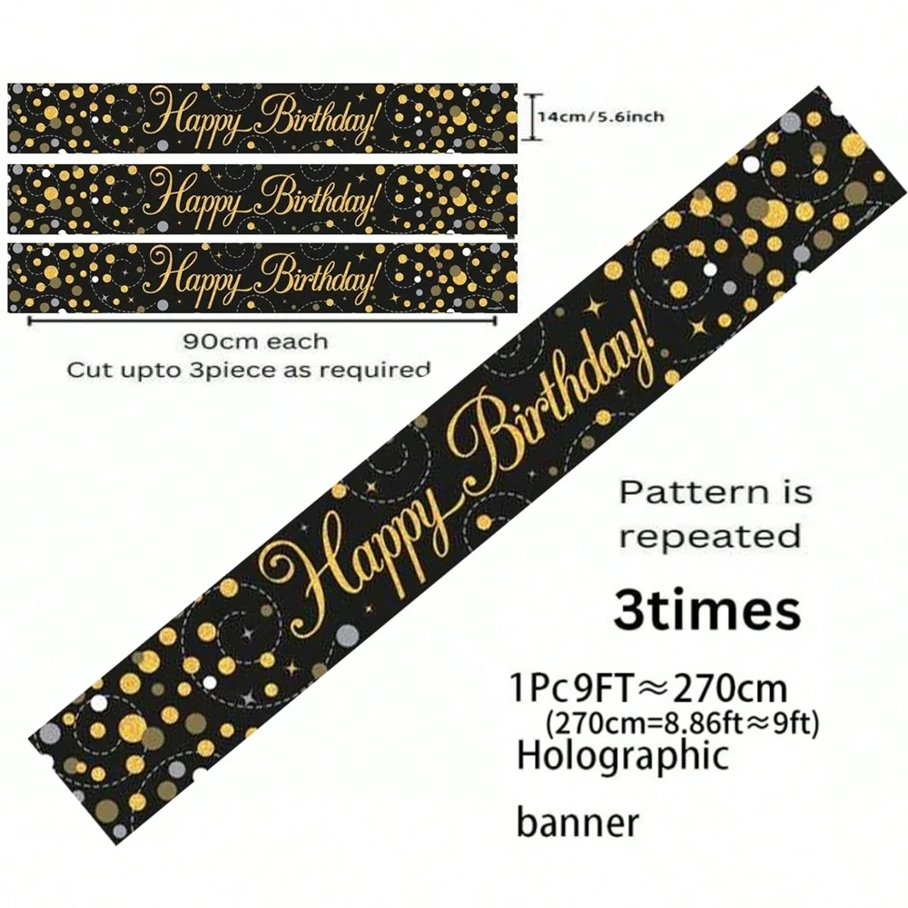 Schwarz-Gold Happy Birthday Banner, 9 Fuß Zuschneidbar mit Glitzerpunkten-Design für 18., 21., 30., 40., 50., 60. Party-Dekoration – Detail 10
