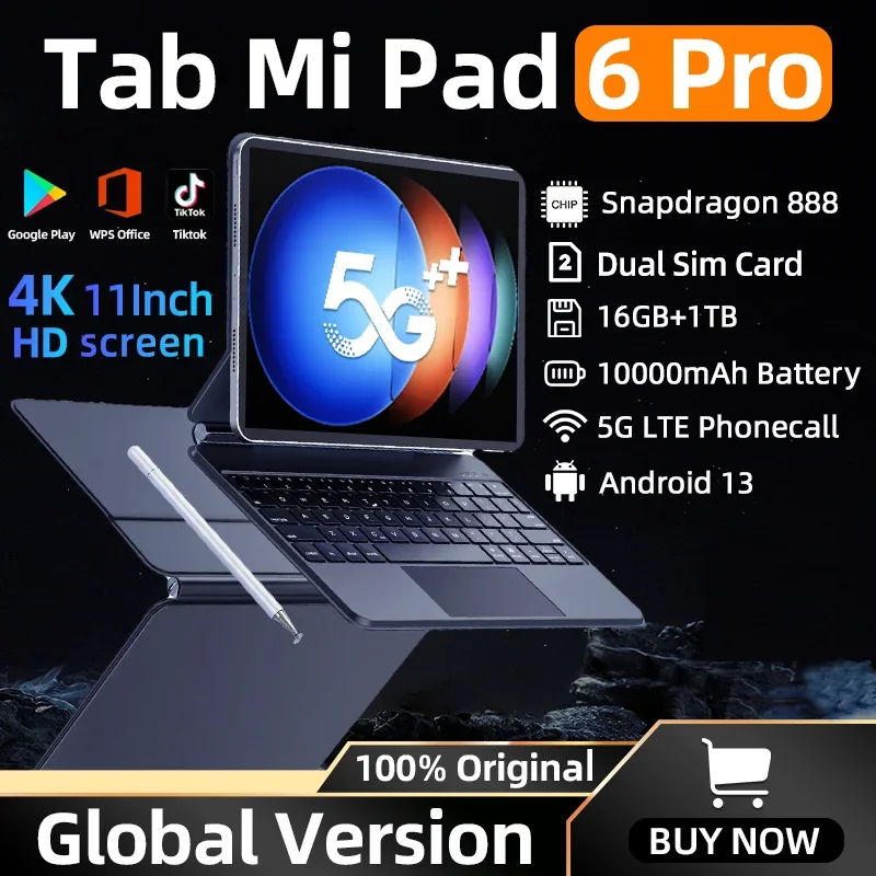 

2024 Global Version Pad 6 Pro Snapdragon 888 Tablet PC Android 13 Mi RAM 16GB ROM 1TB 5G HD 4K Screen WIFI Mi Tab PC