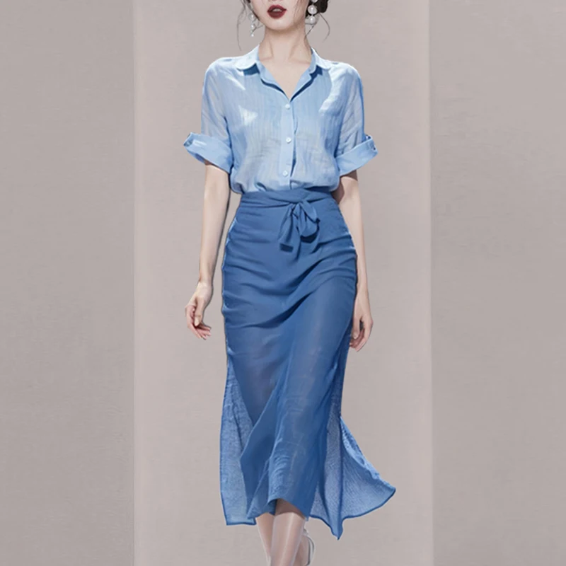 Korean Fashion New Summer Women 2 Piece Set Blue Shirts Tops+High Waist  Party Casual Holiday Skirts Sets