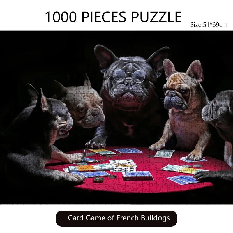 69*51CM Paper Jigsaw Puzzle 1000PCS Card Game of French Bulldogs Animals Painting Educational Entertainment  Adult Children Toys