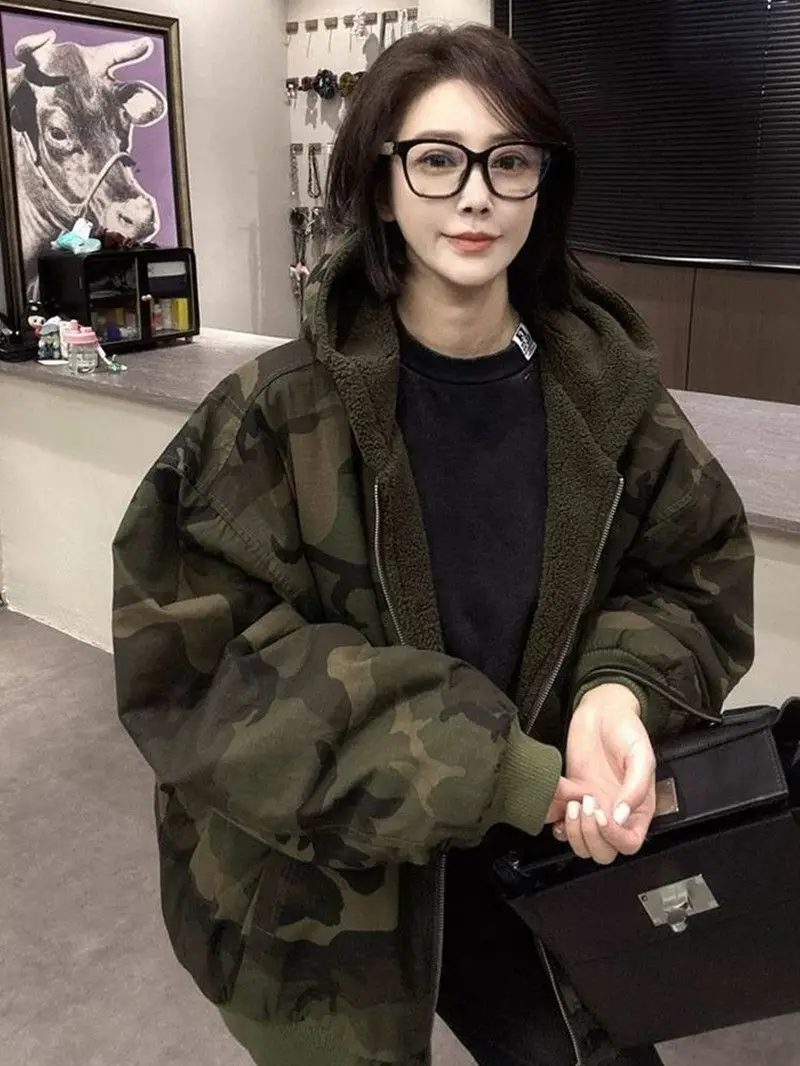 

plus Size American Retro Camouflage Jaet Women's Autumn Winter New Sle Fce Lined Floral Loose Casual Versatile Coat