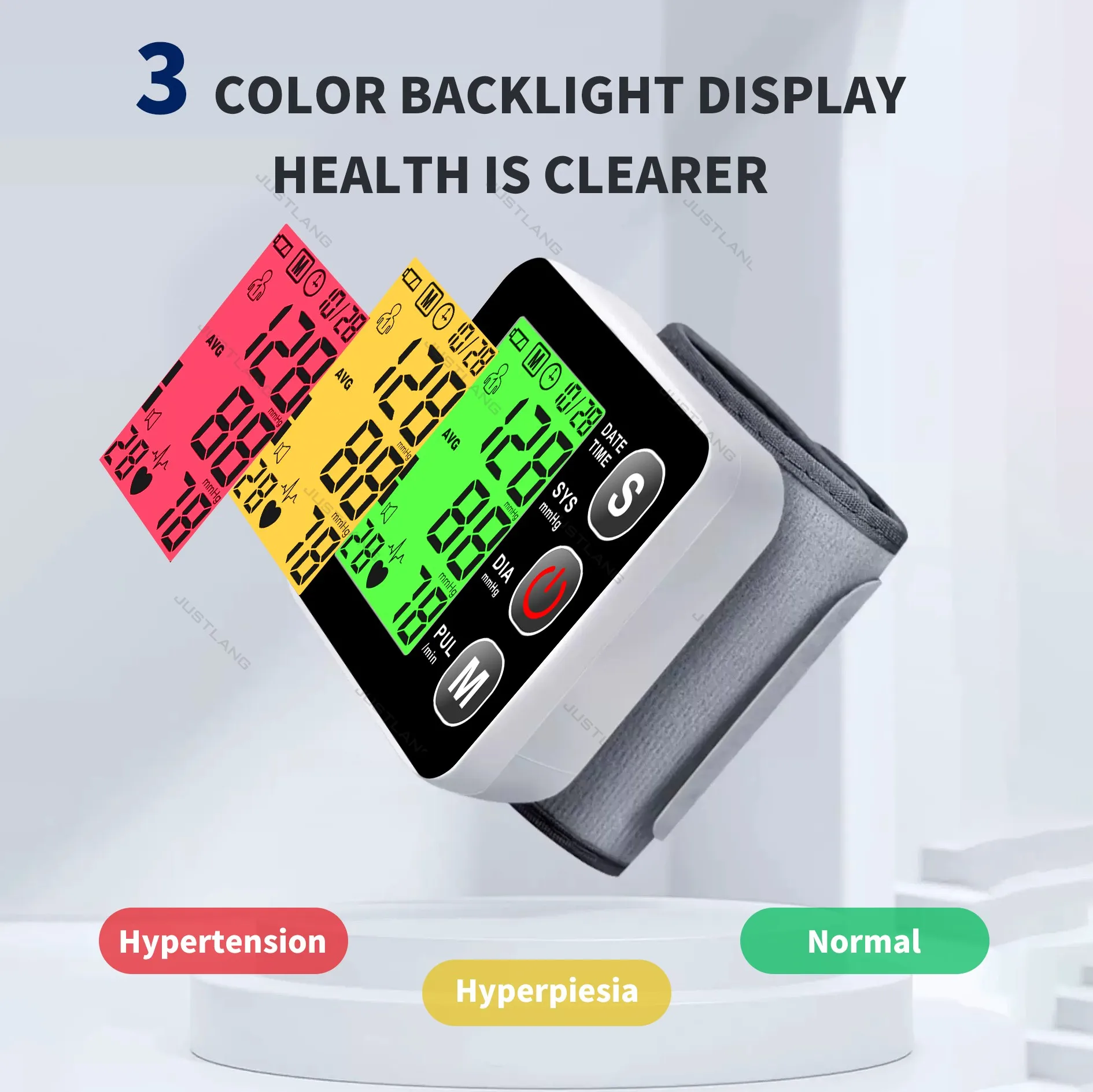 AiQUE Wrist Blood Pressure Backlit LCD  Monitor 3Colors Digital Sphygmomanometer Heart Rate Arrhythmia Pulse BP Monitor