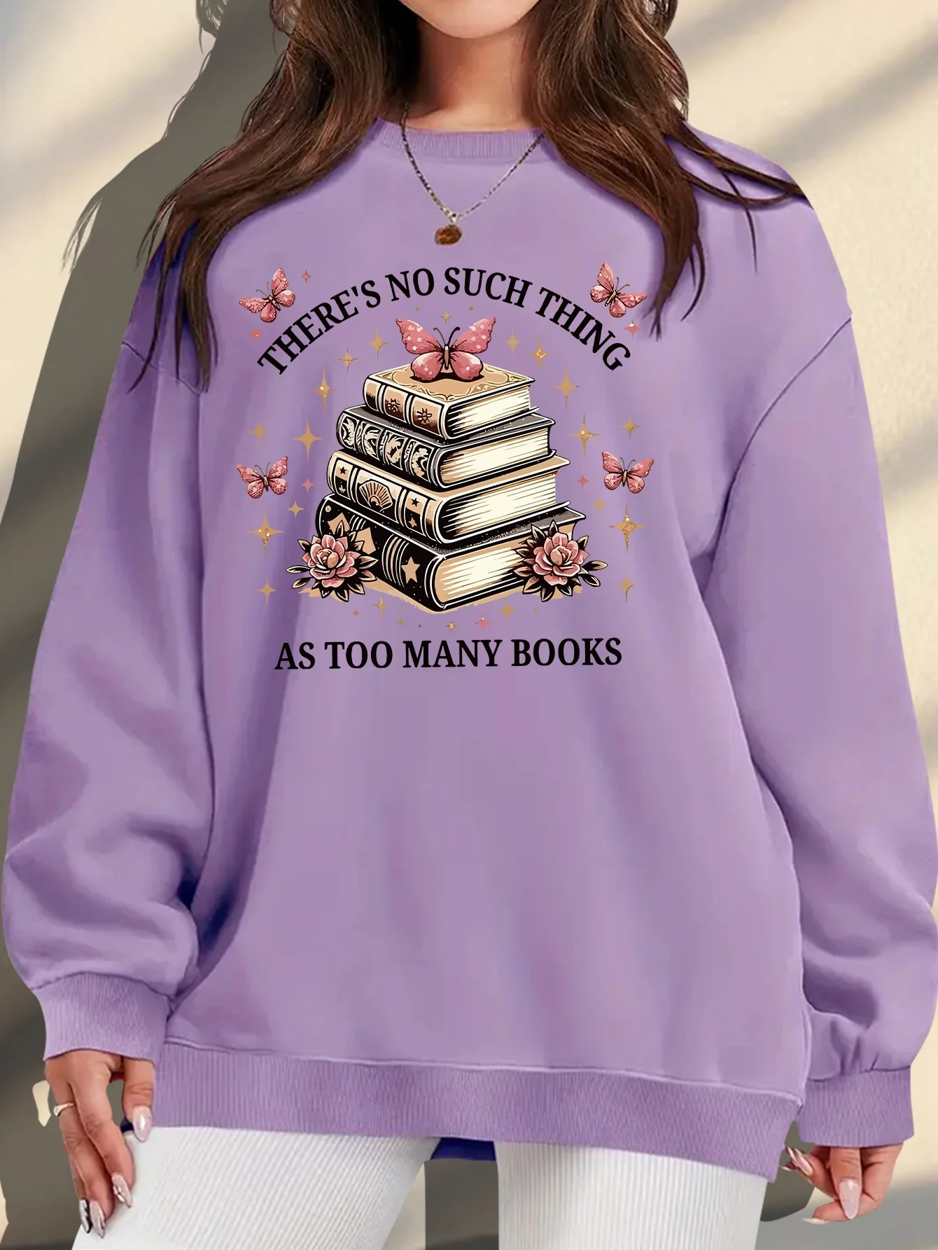 Book Lover Slogan Stacking Book Butterfly Flower Flash Print with Plush Loose Long Sleeved Casual Sportswear