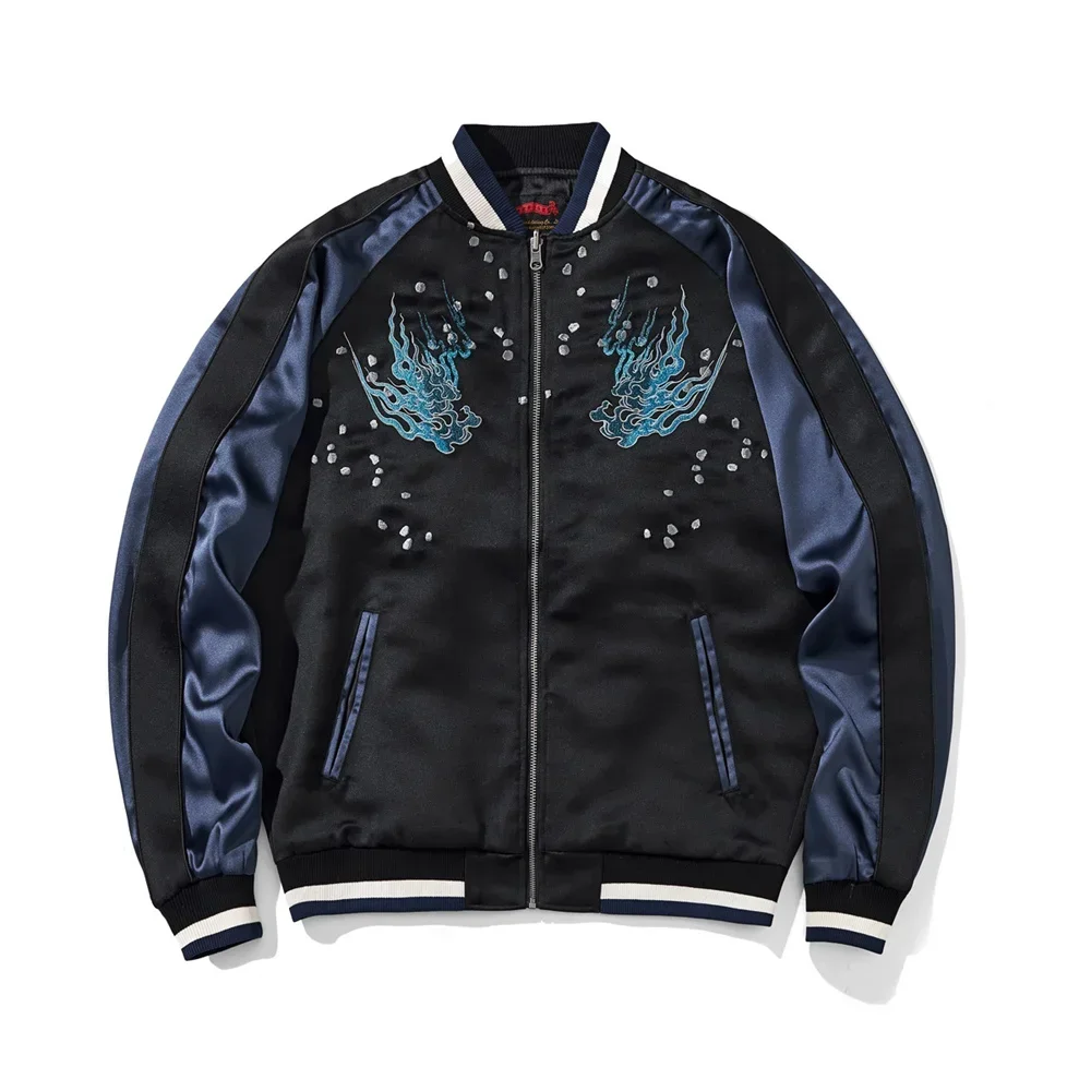 White Tiger Embroidery Black and Blue Streetwear for Urban Fashion Bomber Jacket Men Premium Japanese Yokosuka Jacket