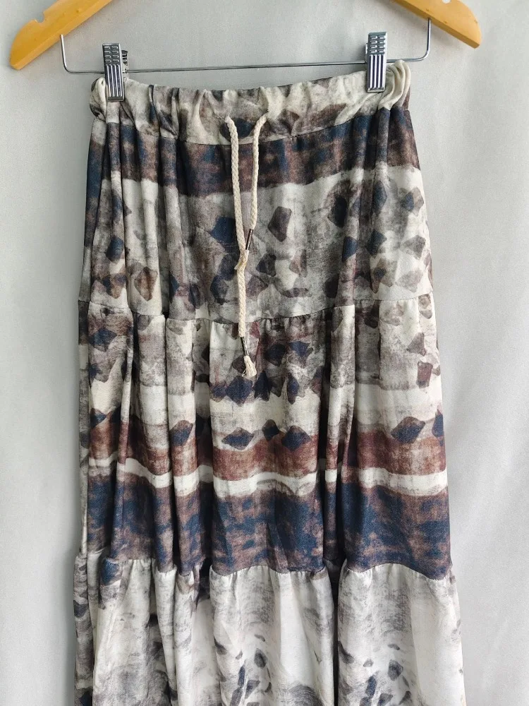 Kimotimo Vintage Boho Printed Long Skirt Women Elastic Waist Tierred A-line Beach Skirts Vacation Fashion Y2k Aesthetic Faldas