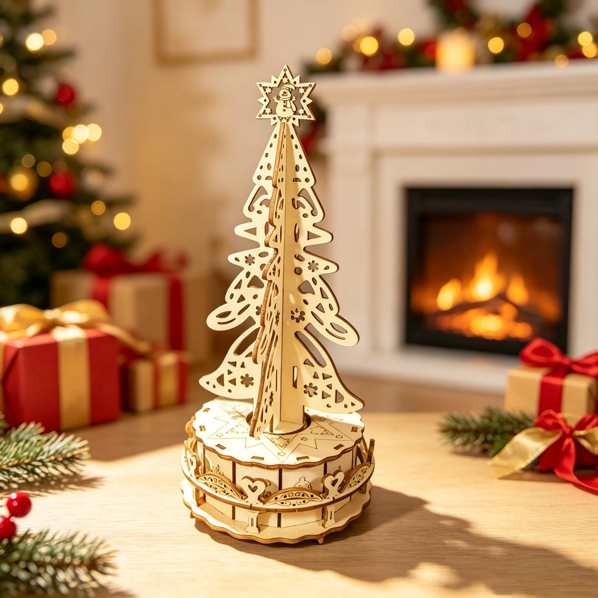 3D Wooden Christmas Tree Music Box Kit, DIY, Openwork Design, Rotating Base, Festive Decorative Ornament, Ideal Christmas Gift
