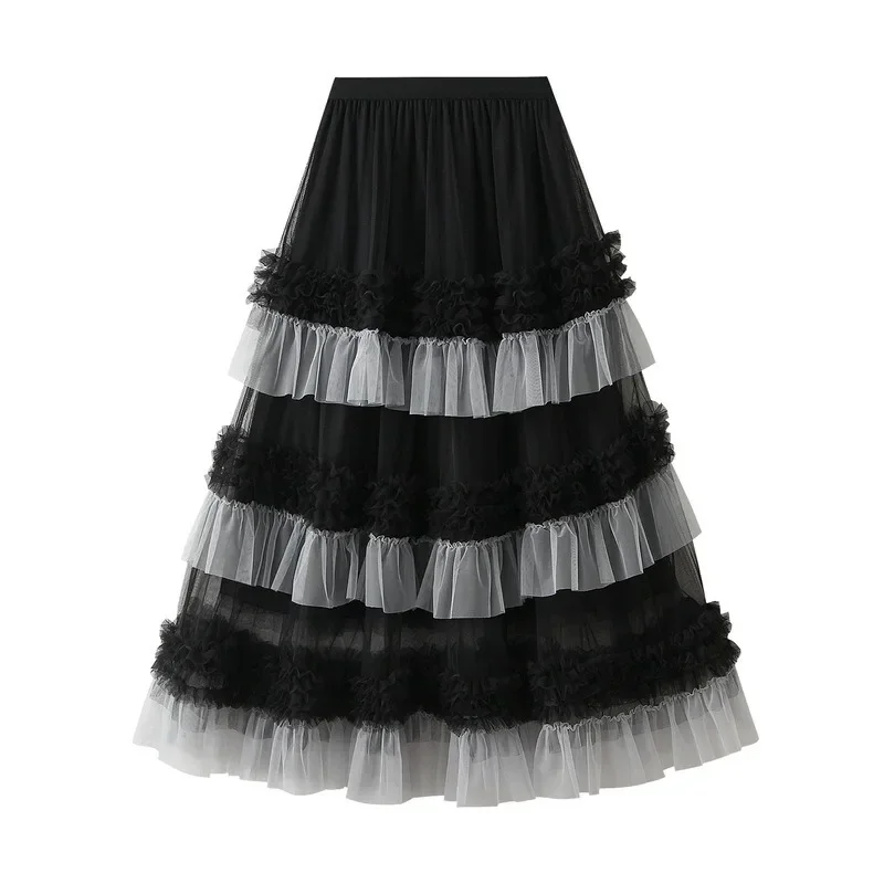 Autumn and Winter New Color Scheme Fashionable Dress for Women Big Swing Yarn Skirt Sweet Lace Pleated Edge Dancing Skirt 1391