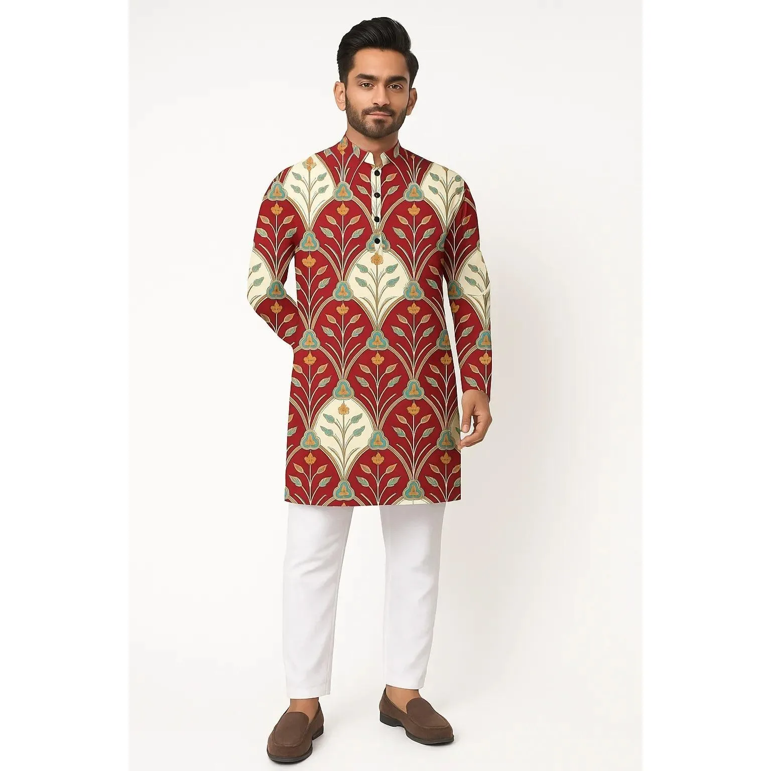 2026 ملابس علوية إسلامية للرجال نمط عرقي بأكمام طويلة وياقة واقفة قمصان غير رسمية ضيقة غير منتظمة بحاشية للرجال المغرب دبي #3