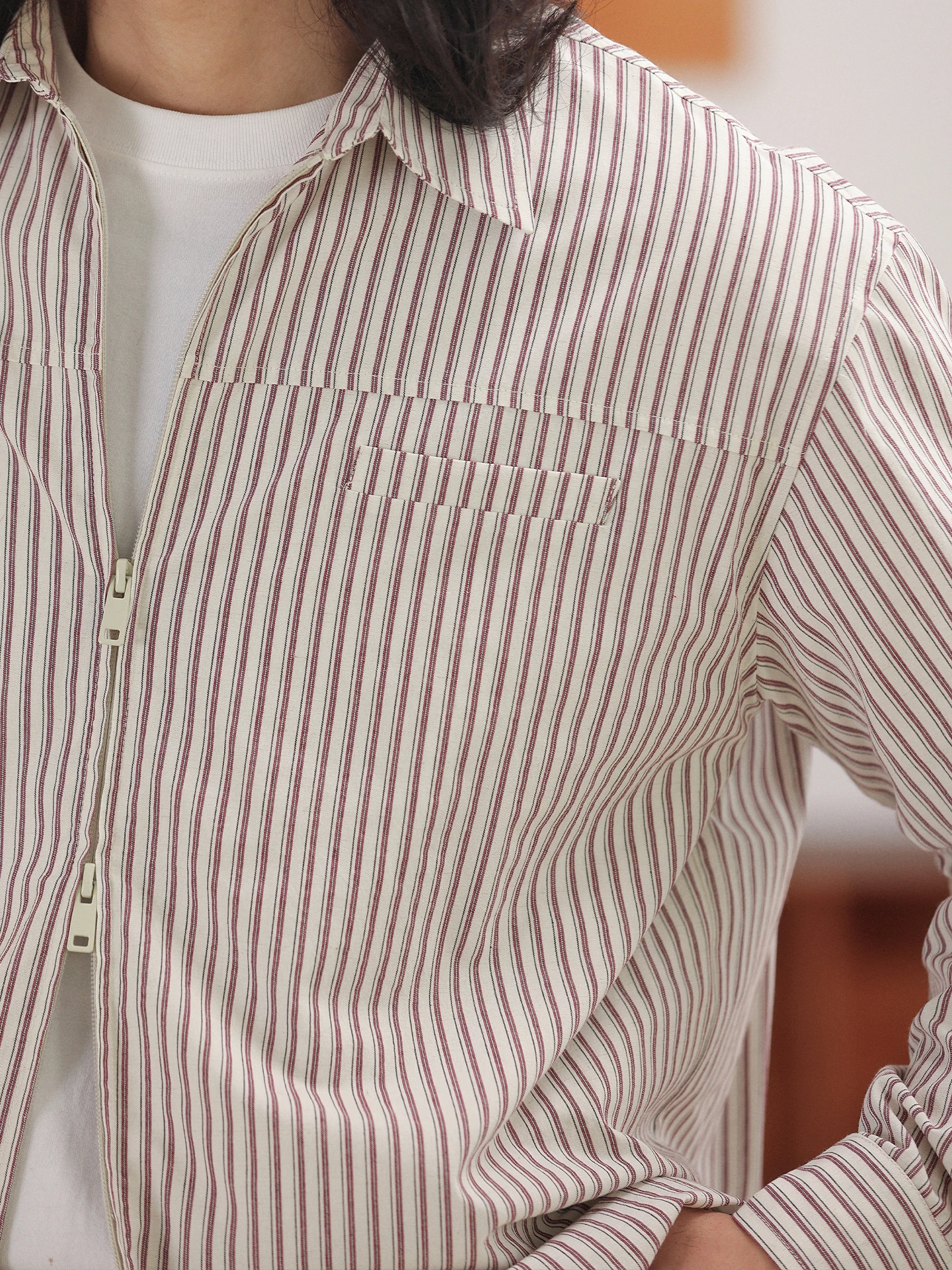 

NOEARS Japanese Design Sensation Beige Double Zipper Casual Striped irt Spring Loose Collar Casual irt Men's Faion