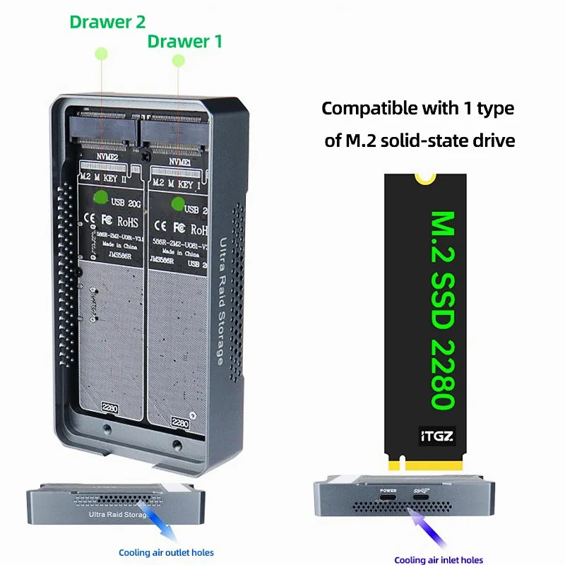 M.2 NVMe SSD الضميمة ، USB 3.2 حافظة خارجية ، تصميم خليج مزدوج ، غطاء القرص الصلب ويندوز ، ماك بوك ، الكمبيوتر ، 20Gbps