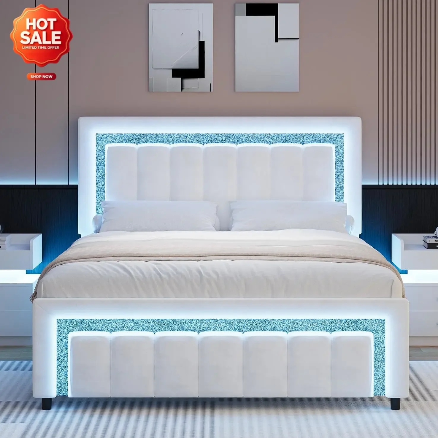 Queen Bed Frame with LED Lights and Upholstered Headboard | Velvet Upholstered Headboard, Diamond Headboard & Footboard, Wood Sl
