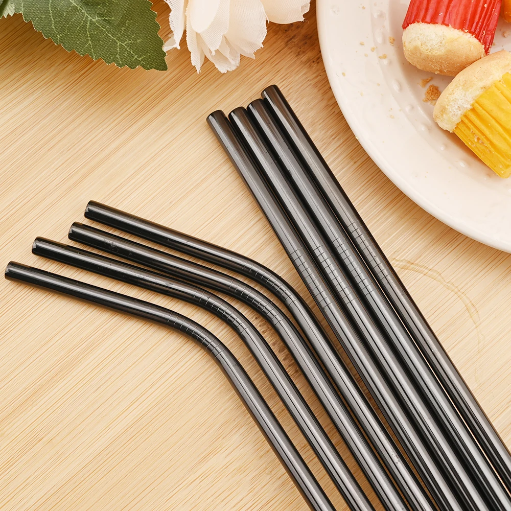 5pcs 304 Stainless Steel Straws Black Reusable Straw Set Straight Bent Drinking Straw With Bag Cleaning Brush Home Bar Accessory