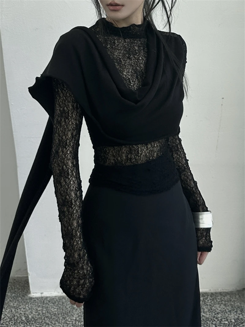 

Bla Lace Slim Fit Long Sve Women's Top See tough Design Asymmetrical Sa Versatile Sli Cotton Polyester Blend
