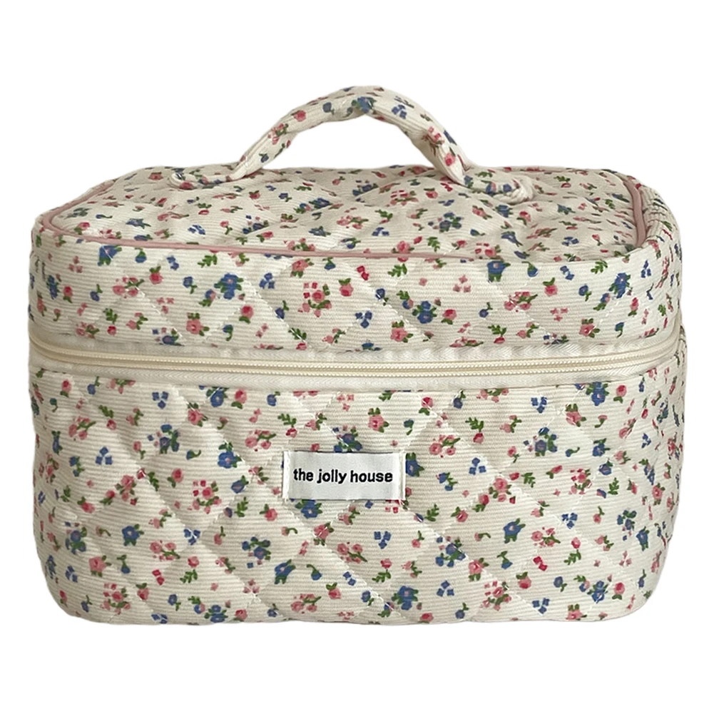 Floral Corduroy Toiletry Bag with Zipper Makeup Organizer Storage Bag Cute Cosmetic Organizer Case for Women Girls