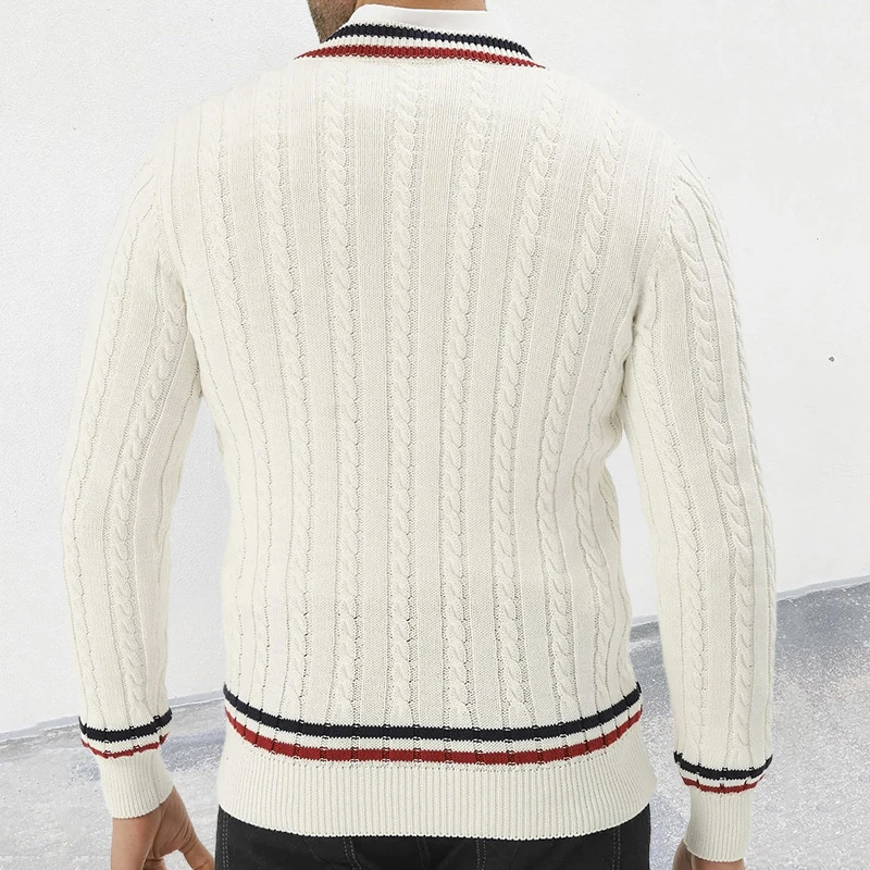 2024 Autumn Fashionable Sweater Mens Long Sleeve V Neck Striped Knit Jumpers Men Casual Slim Knitting Pullover Tops Streetwear