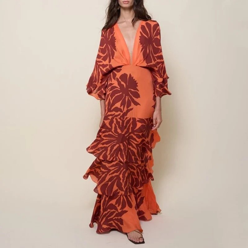 

FLAXMAKER Maxi Long Dress Women Sexy Sleeveless Ruffle Dolman Sleeve Printed Dresses Bandeau Blossom Print Sundress 2025