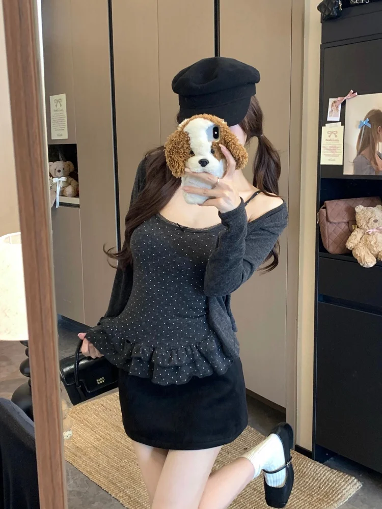 

Spring New Arrival Women's Polka Dot Long Sve Wrap Cardigan And Tank Top Two-Piece Set High Waist ort Pants Commute Sle