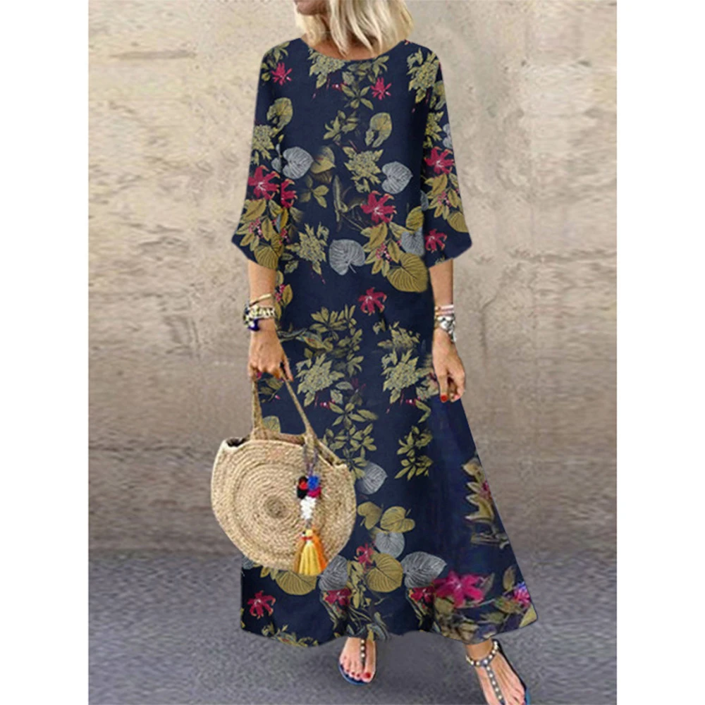 Plus Size Cotton Linen Long Dress Women 2023 Autumn Oversized Casual Loose Pullover Printing Skirt for Female Vestidos Dress