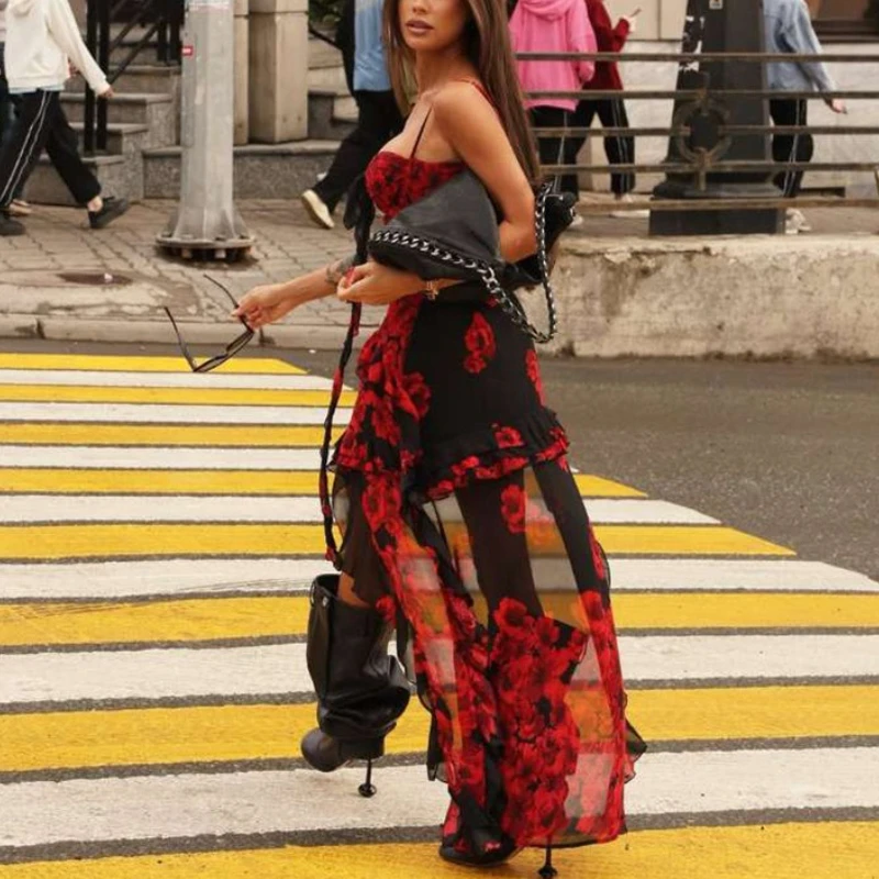 Sexy mesh off-shoulder backless printjurk streetwear rode slim-fit staartjurk trein clubwear feest prom vakantie maxi-jurk