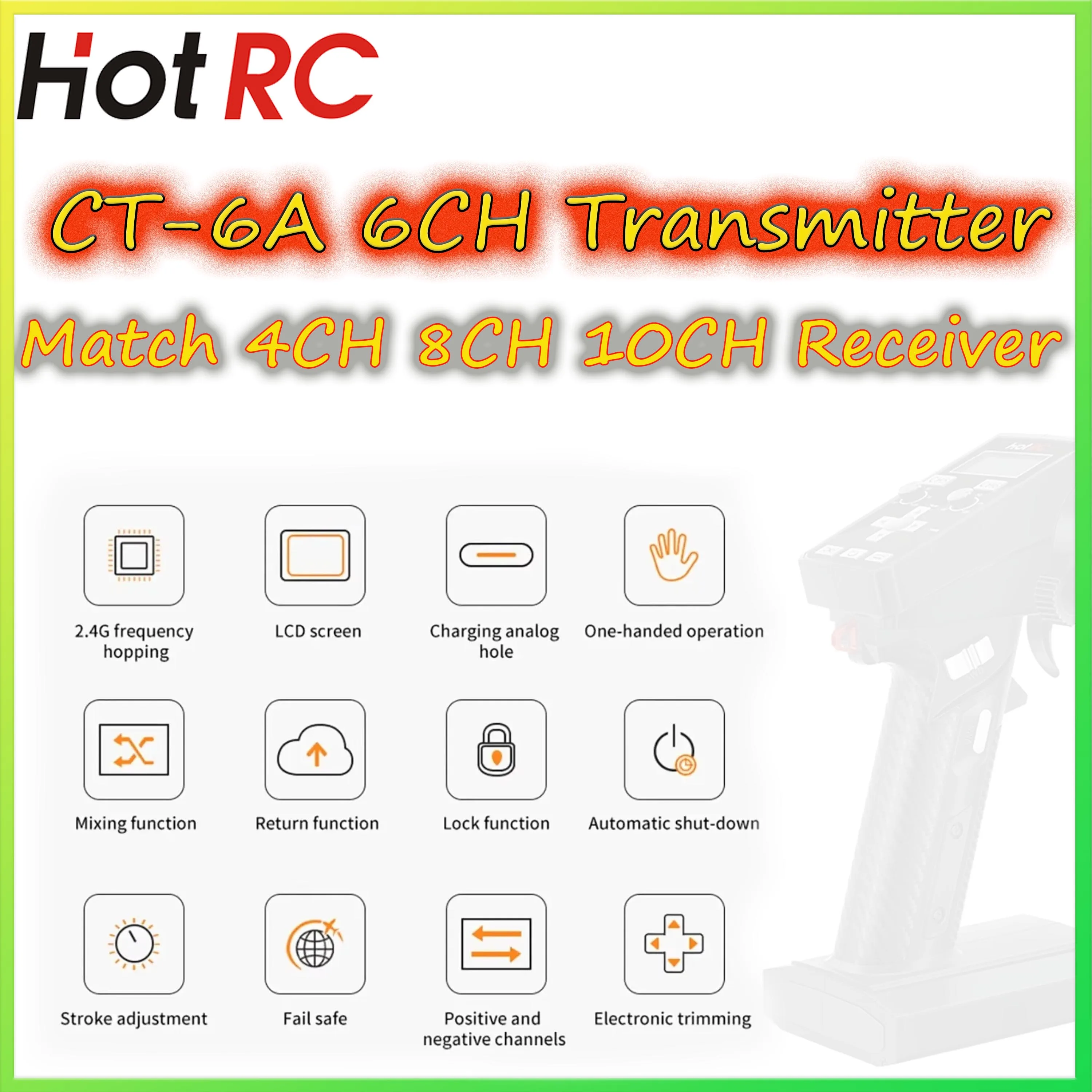 HotRC CT-6A RC Transmitter 2.4G 6CH 6 Channel One-handed Control Radio F-06A F-08A F-01AT Receiver for RC Car Boat Drone Tank