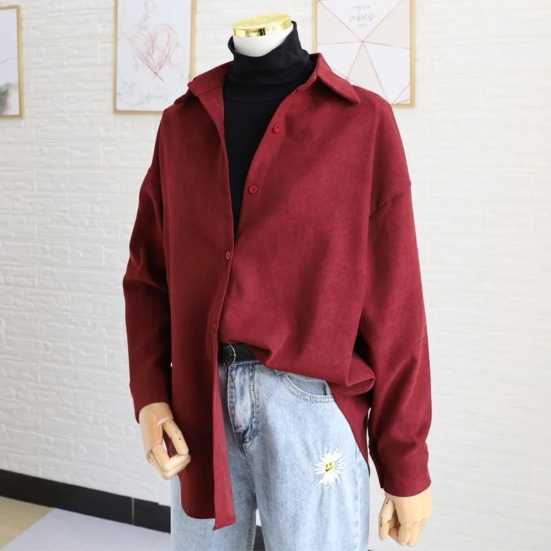 Corduroy Shirts Women Long Sleeve Burgundy Autumn Winter Vintage Basic Tops All-match Female Graceful Charming Chic Mature Mujer