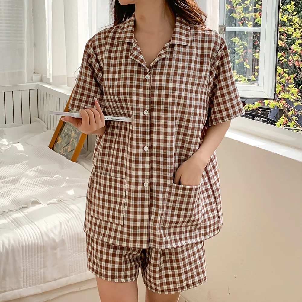 Plaid Women Pajama Set Lapel Cardigan Short Sleeve Short Pants Casual Home Loungewear European American Style Sleepwear Home