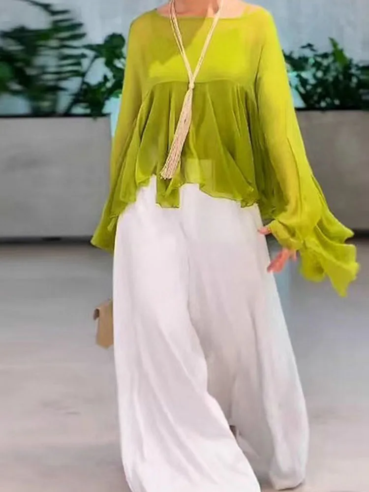 

Повседневная однотонная свободная женская одежда с длинными рукавами, модные одинаковые костюмы с рюшами, элегантный пуловер с круглым вырезом, топы с широкими брюками, комплект