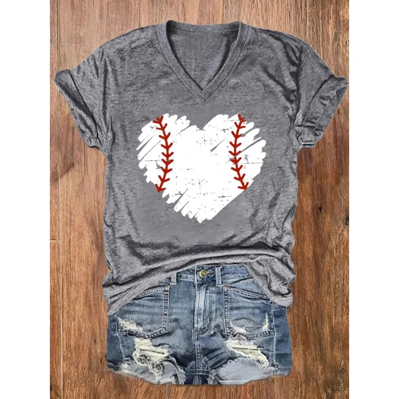 HOT Women's Baseball Print T-Shirts Summer V Neck Tops Short Sleeve Casual Tees