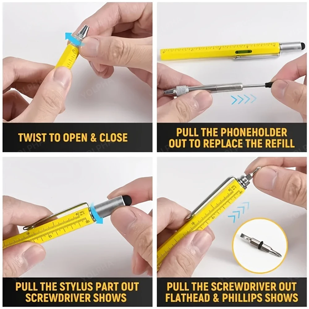 7 In 1 Multi-tool Metal Pen With Level Ruler Gadgets Engineer Woodworker Carpenter Pocket Tool With Stylus Ruler Screwdriver image 6