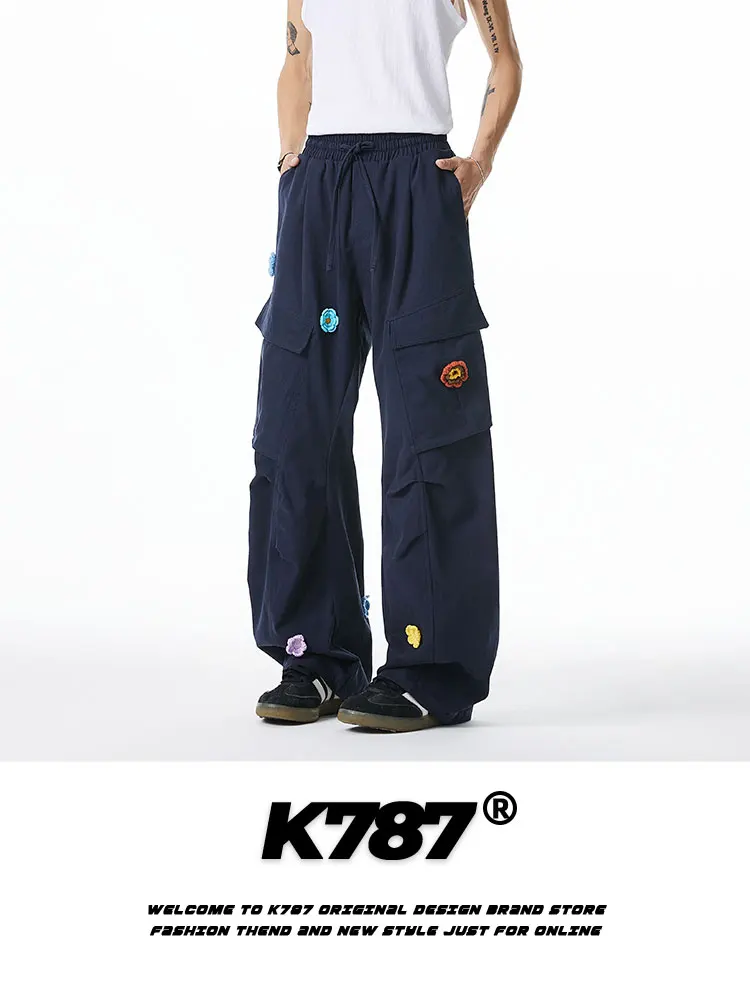 

K787 American Retro Embroidered Patchwork Multi-ket Work Pants High Waist Casual Straight Leg Long Trousers ex Oversize