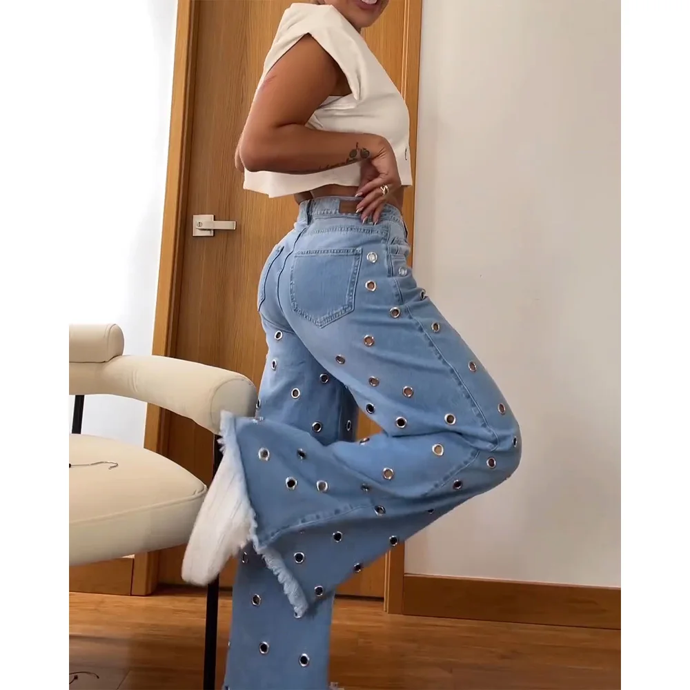 Y2k Streetwear Blue Jeans Woman Pants loose Wide leg pants Fashion designed Casual Denim Trousers Hole jeans 2024 NEW