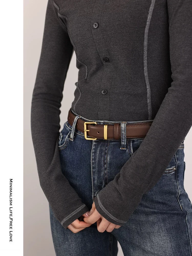 Luxuriöser Damen-Gürtel aus echtem Leder, modischer schmaler Taillengürtel mit Dornschließe für Jeans und Hosen, 3,3 cm breiter Gürtel mit Gold-/Silberschnalle – Detail 6