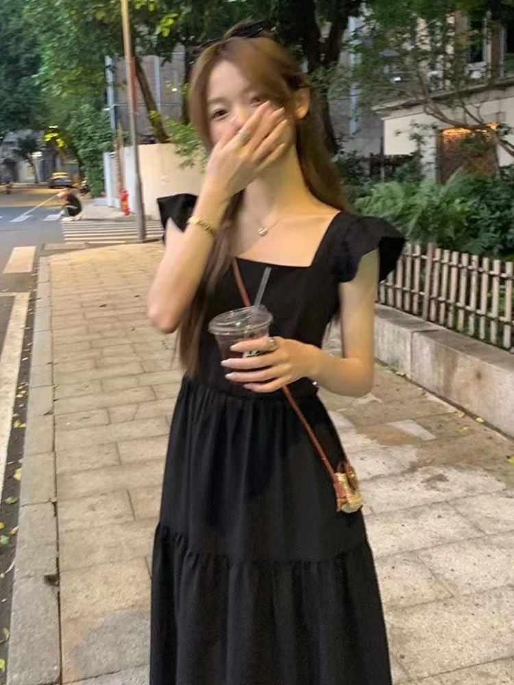 Black Square Collar Midi Dresses for Women Mori Girl Style Minimalist Chic Summer Fashion Flying Sleeve Temperament College Ins