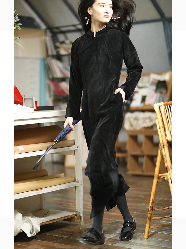 

Новое китайское длинное бархатное платье-ципао с потайными пуговицами, осенне-зимняя женская модная традиционная одежда от Ninth...