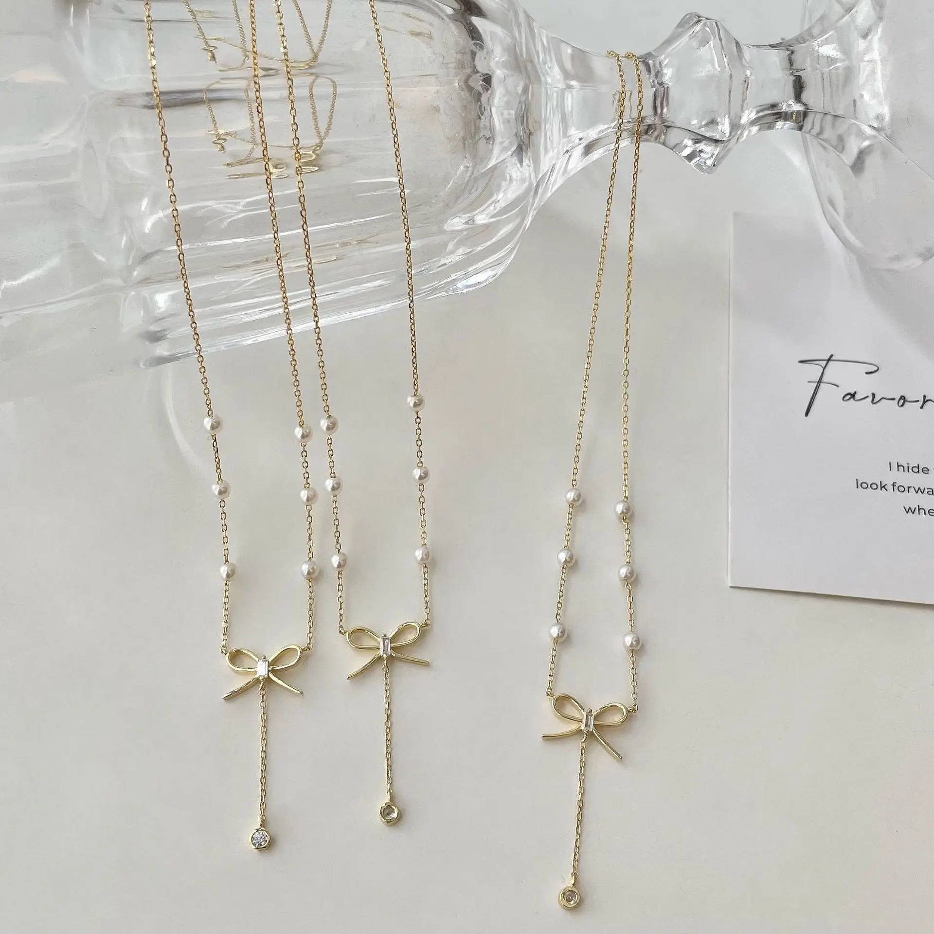 Korean-style S925 sterling silver tassel bow pearl necklace, ins-style elegant and versatile collarbone chain