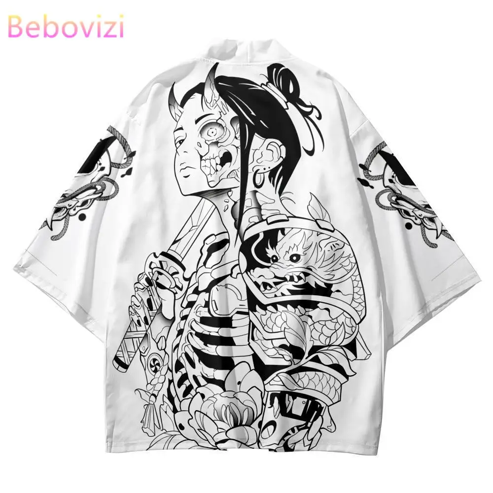 

Japanese Fashion Skeleton Samurai Print Kimono Casual Beach Cardigan Yukata Women Men Cosplay Haori Top Asian Clothing